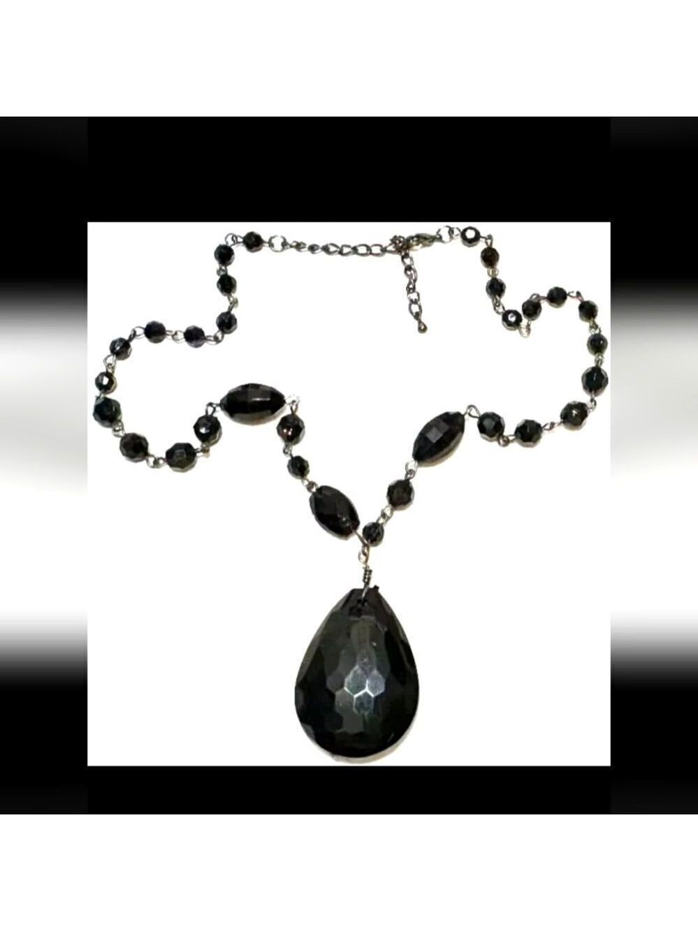 Vintage Jewelry Necklace Black Disco Cut Bead Silver Tone 17"-20.25"